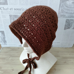 バラクラバ　クロシェハット　かぎ針編み　ニット帽　ボンネット　手編み　　ブラウン 4枚目の画像