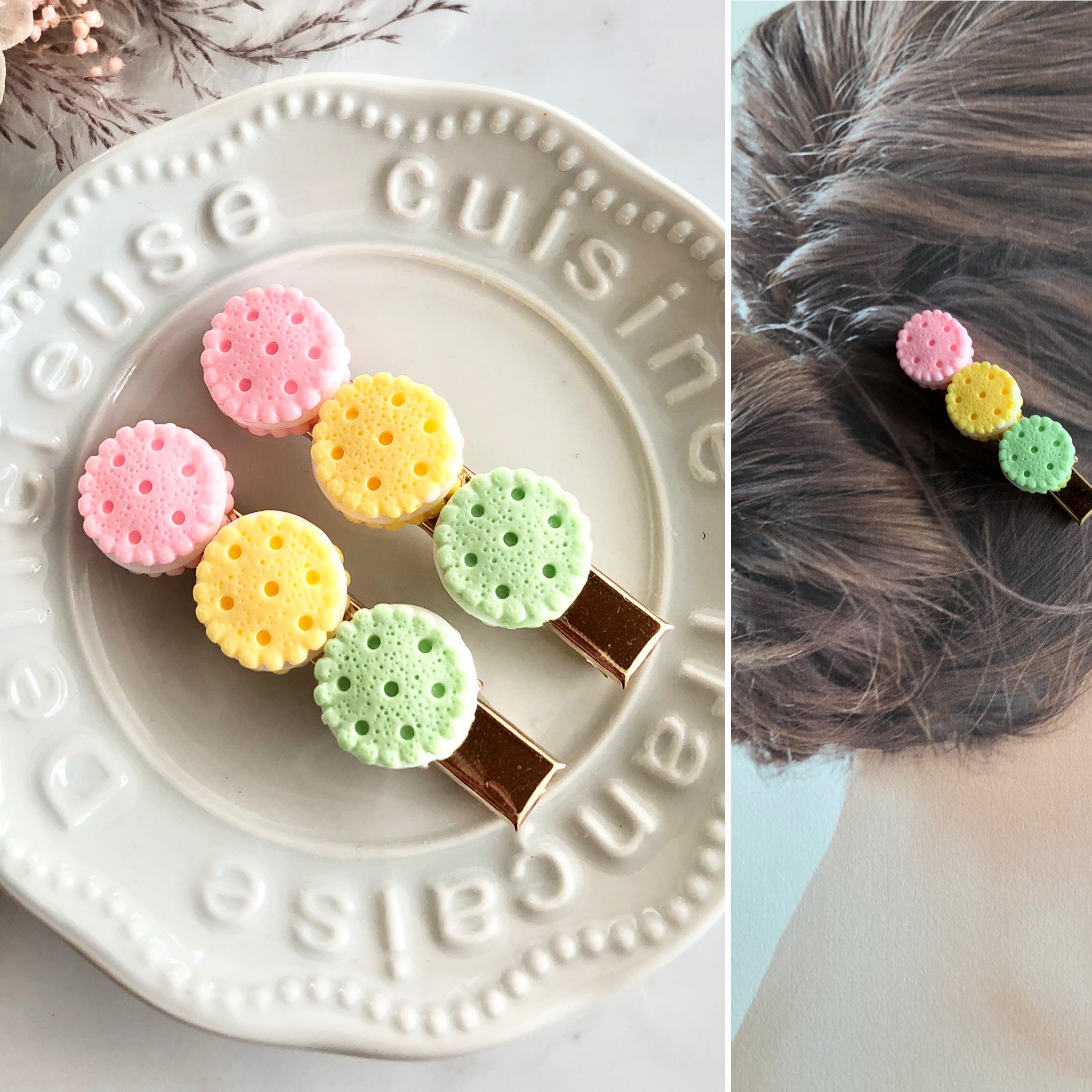 じゃれねこチャンとマカロン　ヘアクリップ じゃれねこチャンとマカロン ヘアクリップ 猫耳ヘアクリップ