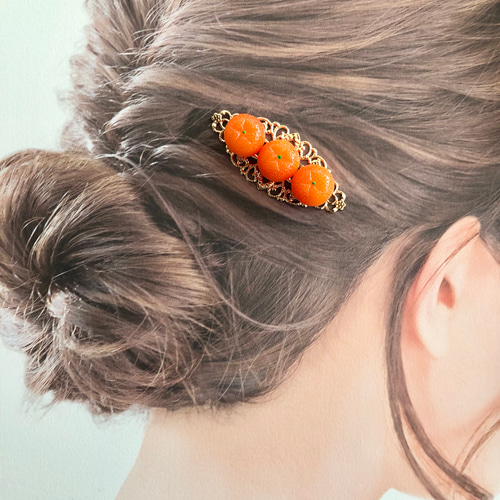 三点セット】 みかん オレンジ 髪留め ヘアクリップ ポニーフック