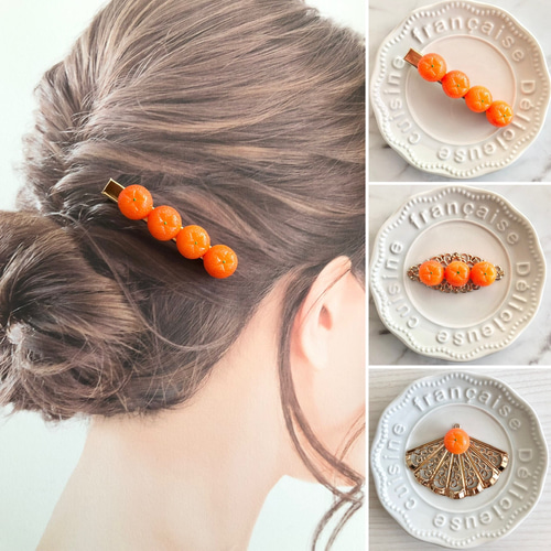 三点セット】 みかん オレンジ 髪留め ヘアクリップ ポニーフック