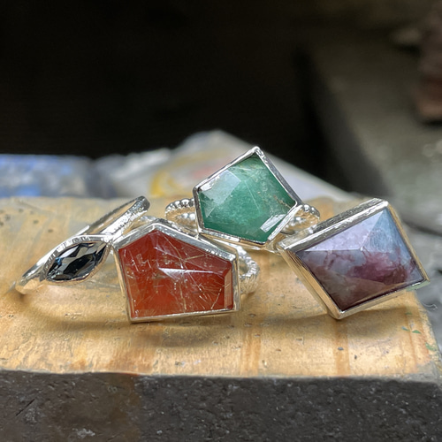 赤メノー × ルチル ダブレット 5角形 立体カット シルバーSV925リング