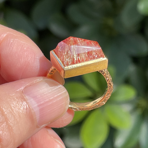 赤メノー × ルチル ダブレット 5角形 立体カット シルバーSV925リング