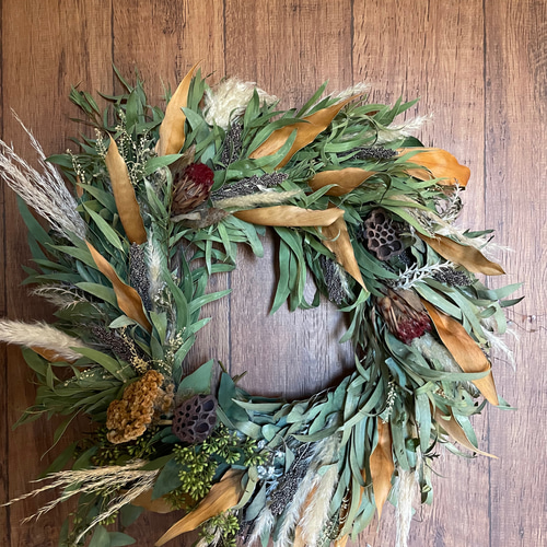 ユーカリ香るグリーンリース パンパスグラス グレビレア ユーカリ