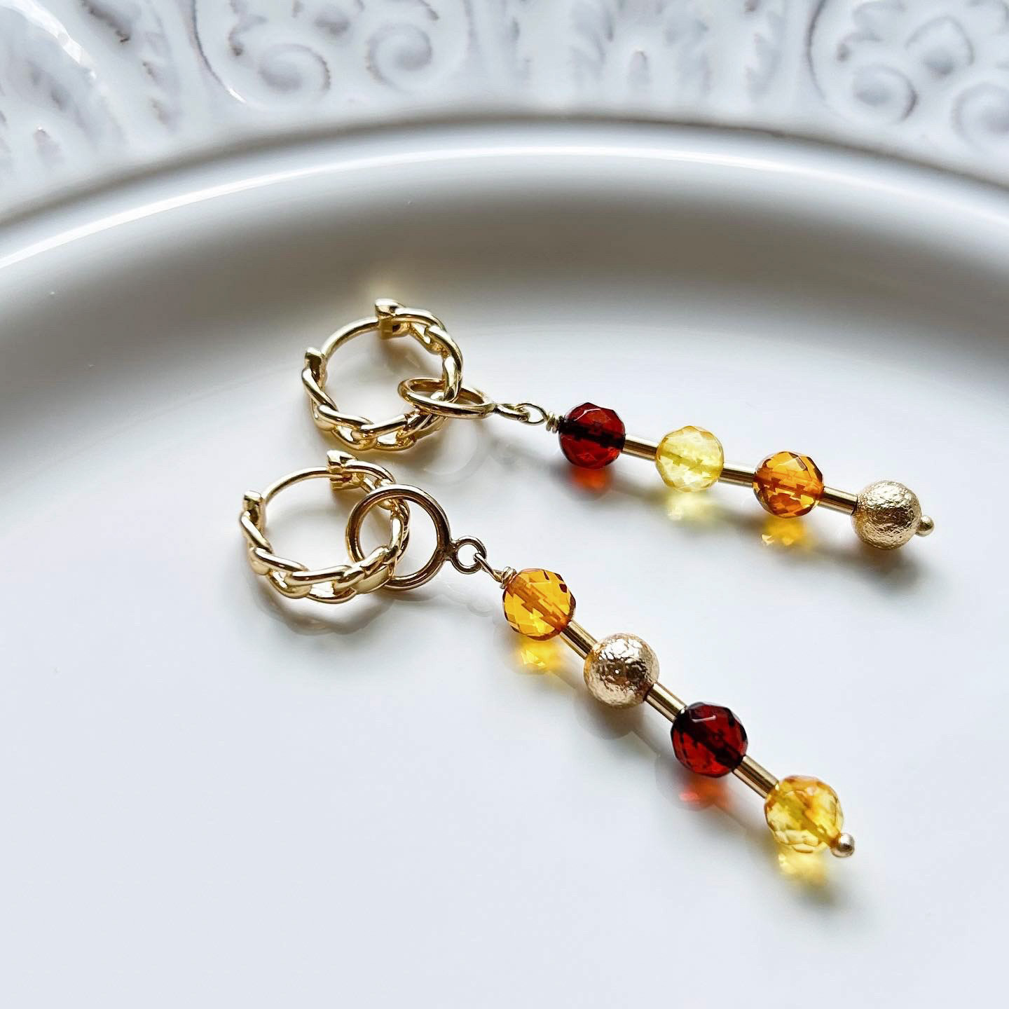 ★ラスト2点★BOUCLE【14】バルティックアンバー 琥珀２WAY 14KGF フラッシュボールフープピアス