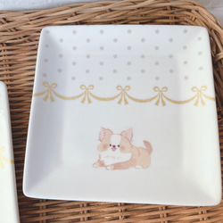 【動物保護活動応援】スクエアプレート　犬　ケーキ皿　パン皿　ドット　もふもふ　陶器　おうちカフェ 4枚目の画像