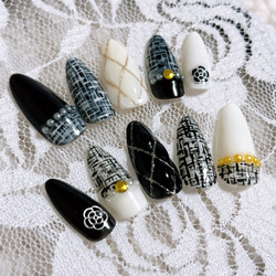 ツイードネイルブラック/キルティングネイル/モノトーンネイル/白黒