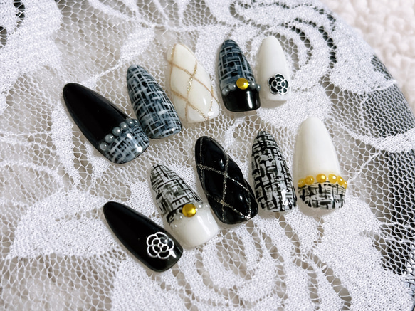 ツイードネイルブラック/キルティングネイル/モノトーンネイル/白黒  