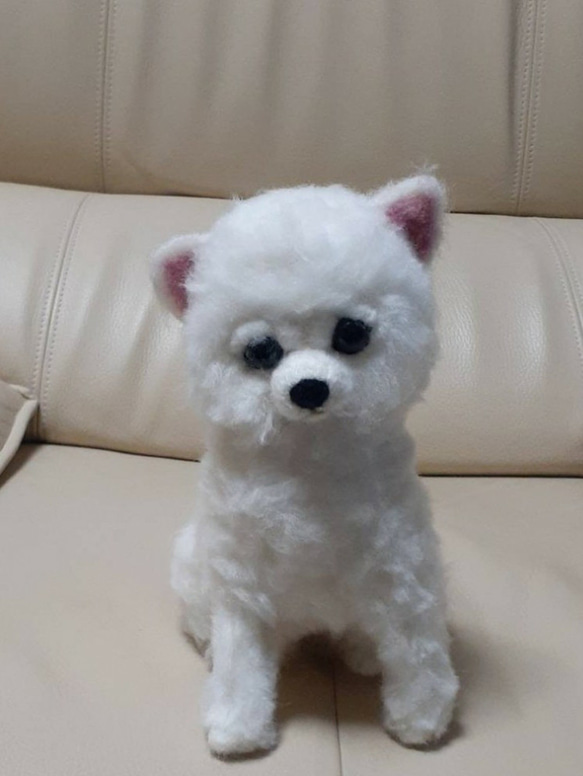 羊毛フェルト 白ポメラニアンちゃん、タヌキカット 置物 羊毛