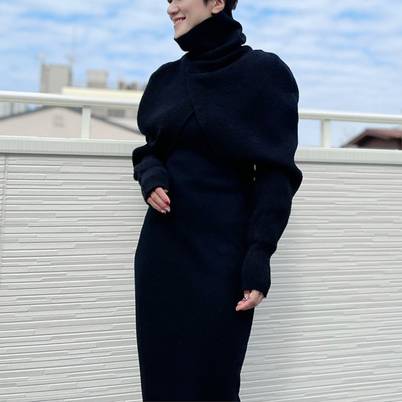 新作再販】2wayハイネックニットボレロ+マフラー（ブラック）22028BKF