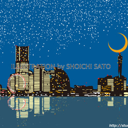 版画作品　横浜イラスト「スターライト・ハーバー」みなとみらい21の夜景 1枚目の画像