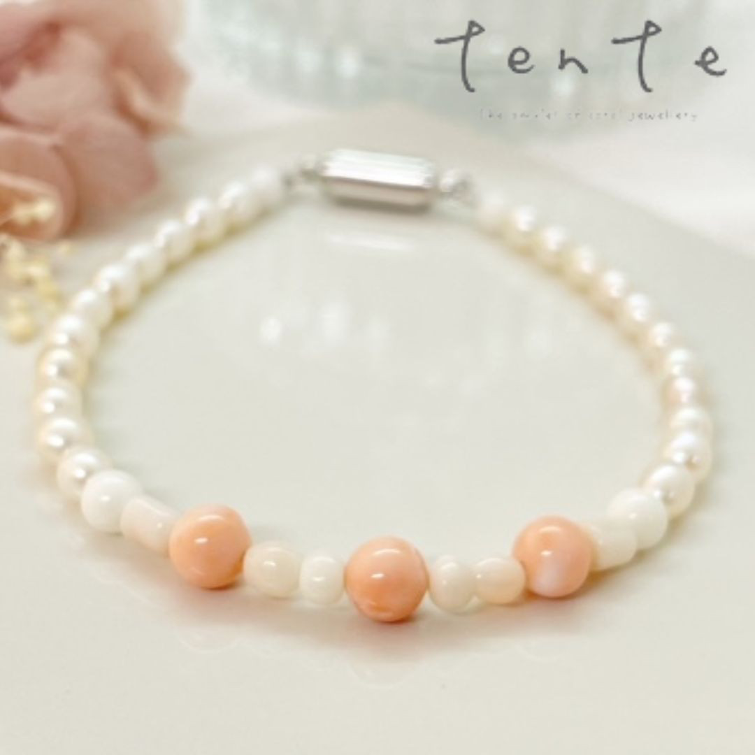【コーラルジュエリー】宝石珊瑚＆淡水パールブレスレット ｂ001