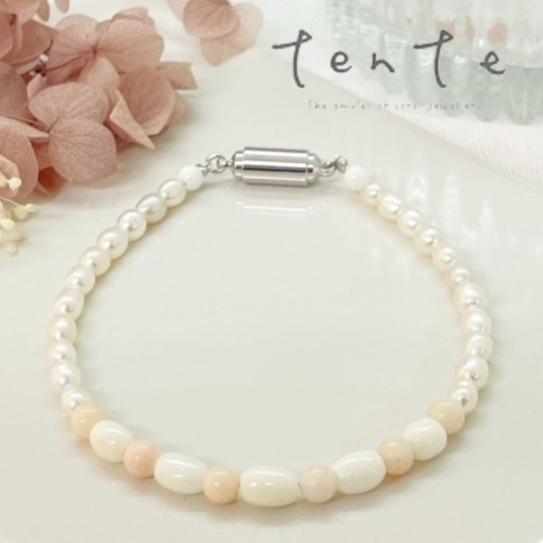 【コーラルジュエリー】宝石珊瑚＆淡水パールブレスレット ｂ004