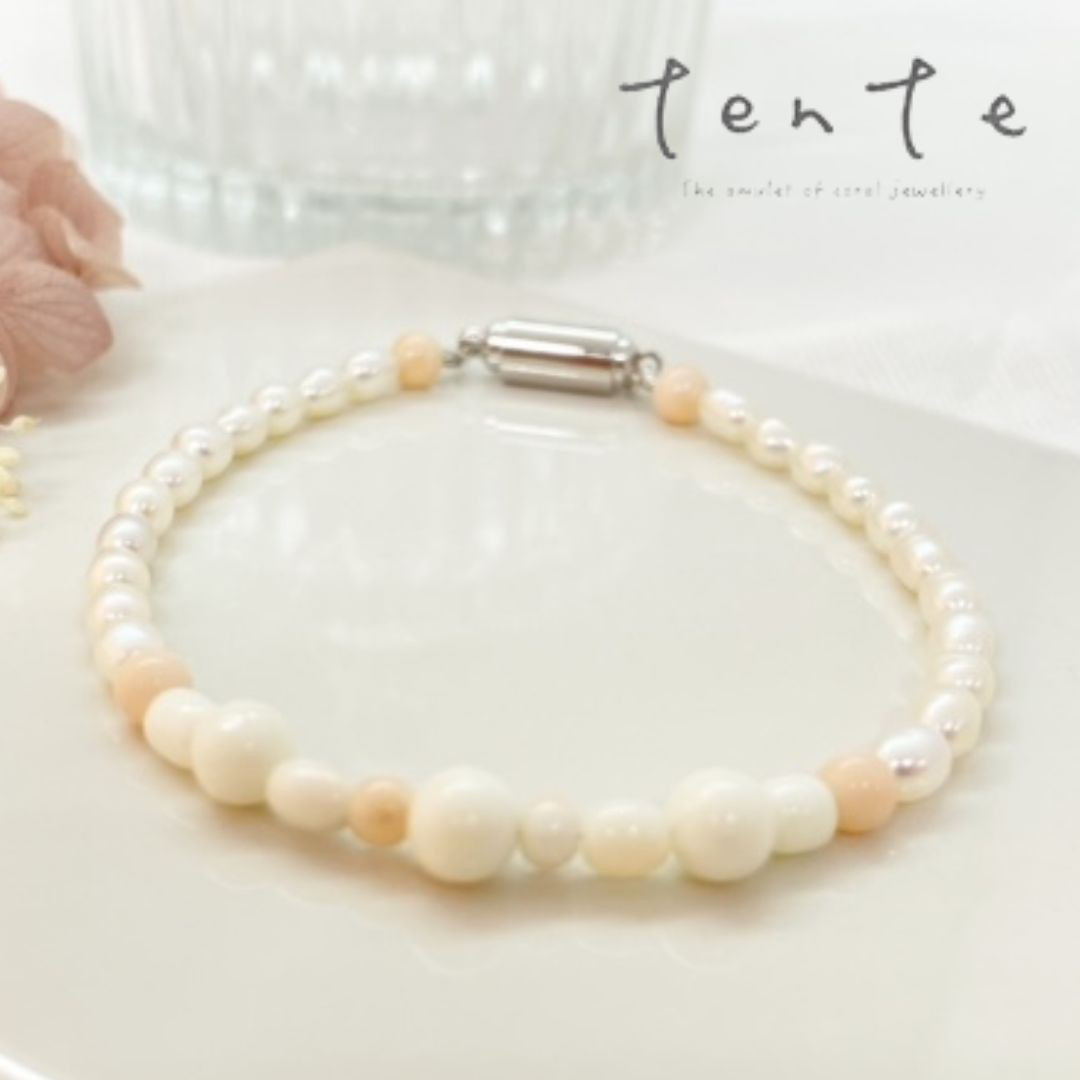 【コーラルジュエリー】宝石珊瑚＆淡水パールブレスレット ｂ005