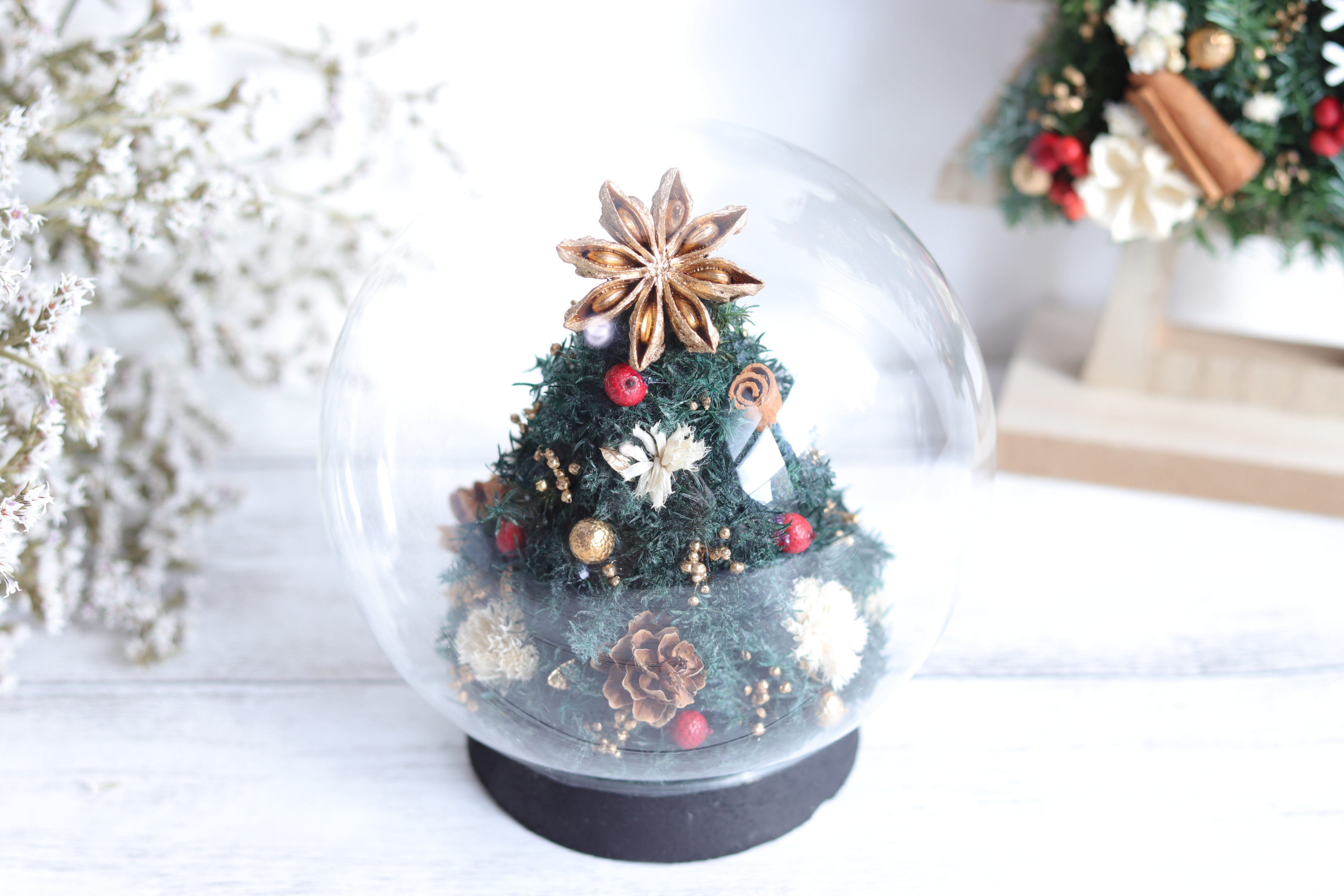 【creema限定】木の実とクルマバナのフロッキーツリー＊プリザーブドフラワー＊ガラスドーム