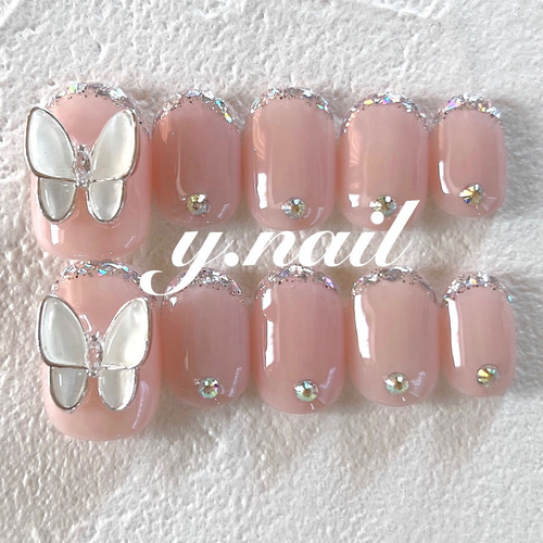 蝶々ネイル/ガラスフレンチ/ガーリーネイル ネイルチップ（つけ爪） y  