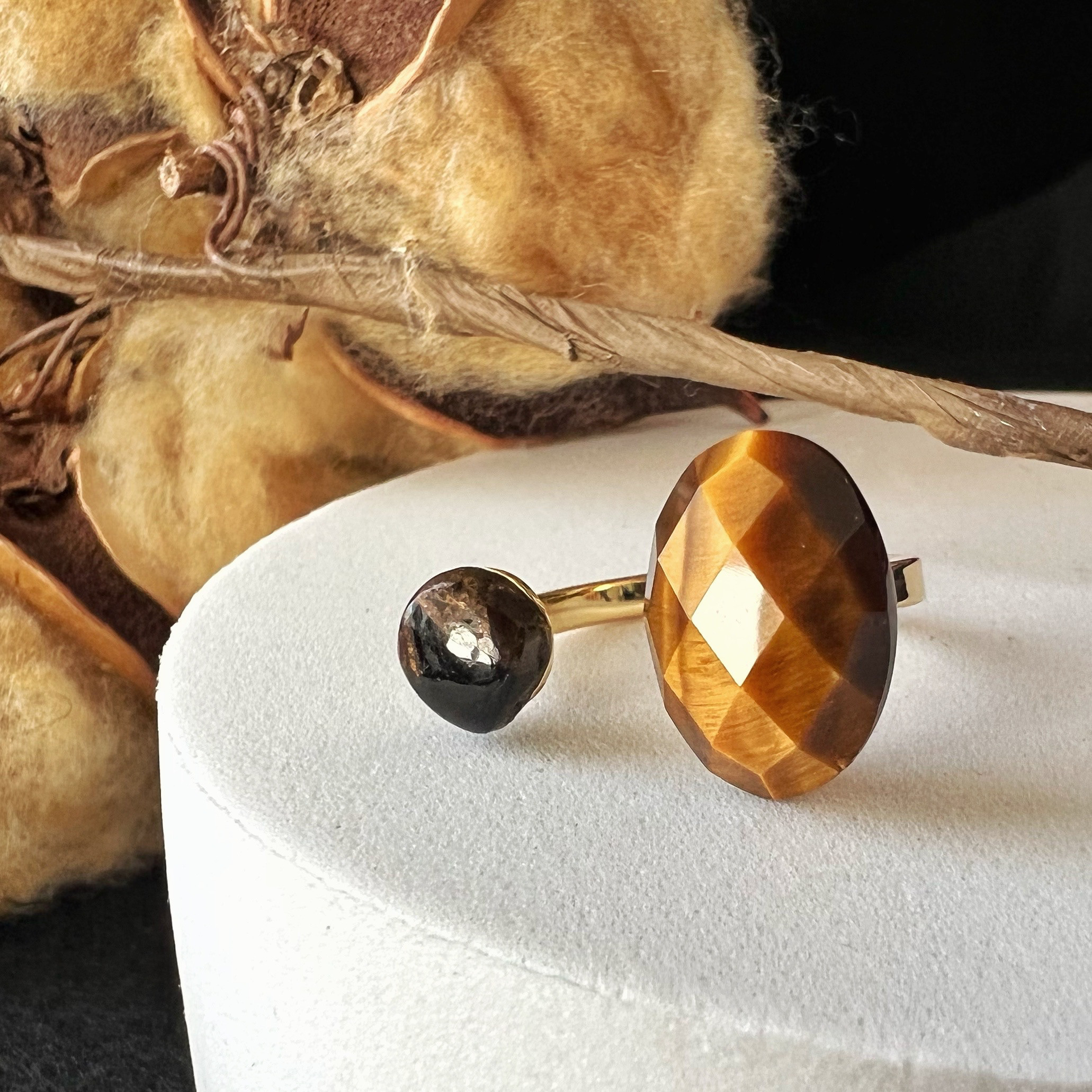 DESERT RING イエロータイガーアイ×コッパーオブシディアン　大人のフォークリング