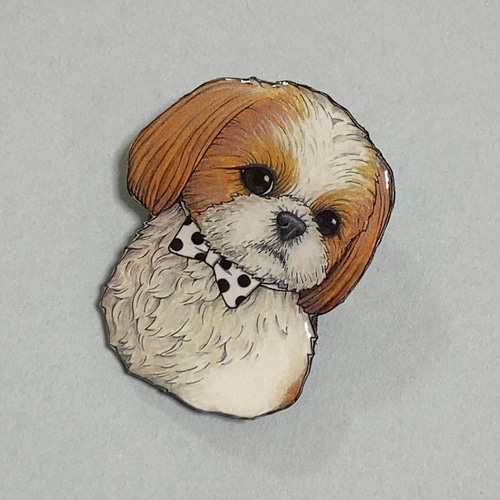 シーズー ドット 蝶ネクタイ ブローチ オリジナル イラスト 犬 いぬ