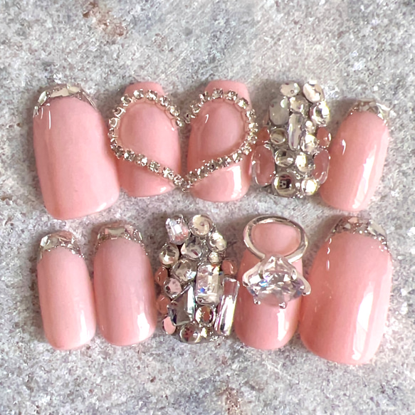 チップ種類、カラー変更可能》ピンクガラスフレンチハートとリング