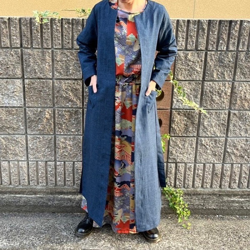 白大島紬 着物手縫いリメイク 救い シルクロングコート