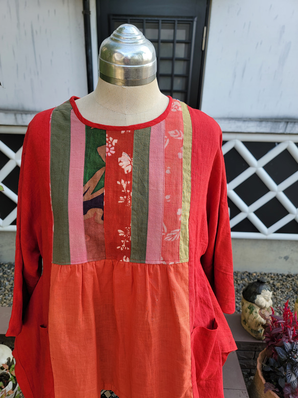 着物リメイク　古布　手作り　紅花染め　ブラウス 2枚目の画像