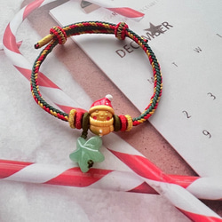 クリスマス特集　幸運ロープ赤x緑x金の雪だるま編み込みブレスレット　ギフト　瑪瑙 2枚目の画像