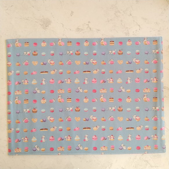 30×40 ランチョンマット マカロン柄 巾着袋 ２点 セット 給食 コップ袋 女の子 yuwa ブルー 3枚目の画像
