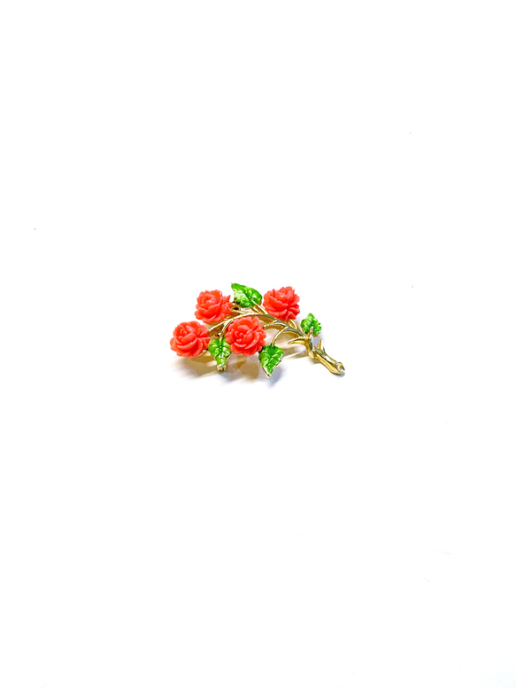 Jul’s尋愛綺夢-vintage*花園裡的玫瑰*精緻珊瑚橘玫瑰綠葉金色小胸針別針 第2張的照片