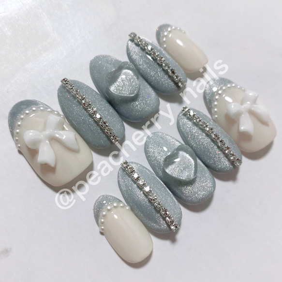 オーダー ネイルチップ マグネット ハート ホワイトミラー ワンホン