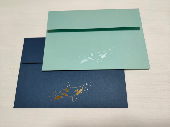 再販の予定なし 箔押しシャチのレターセット(ネイビー＆ペールブルー