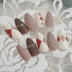 ネイルチップ オーダー 冬 チェック 韓国 ニット ベージュ ブラウン リボン アーガイルネイル/ニットネイル/マットネイル/ブラウンネイル