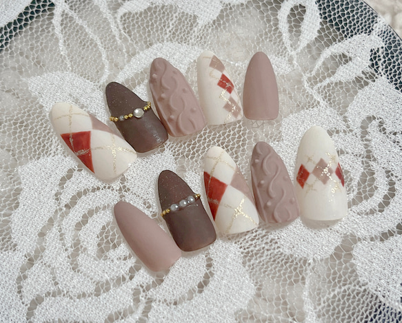 アーガイルネイル/ニットネイル/マットネイル/ブラウンネイル/ベージュ