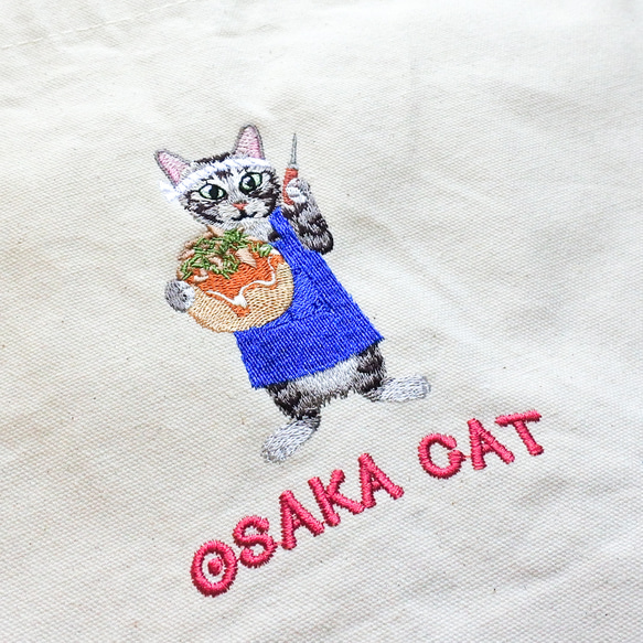 猫のたこ焼き屋さん｜たこ焼き＆猫の刺繍トートバッグ｜大阪ご当地猫刺繍 2枚目の画像