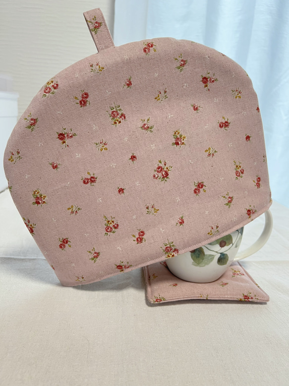ティーコゼー　マット付き　ピンク小花 4枚目の画像