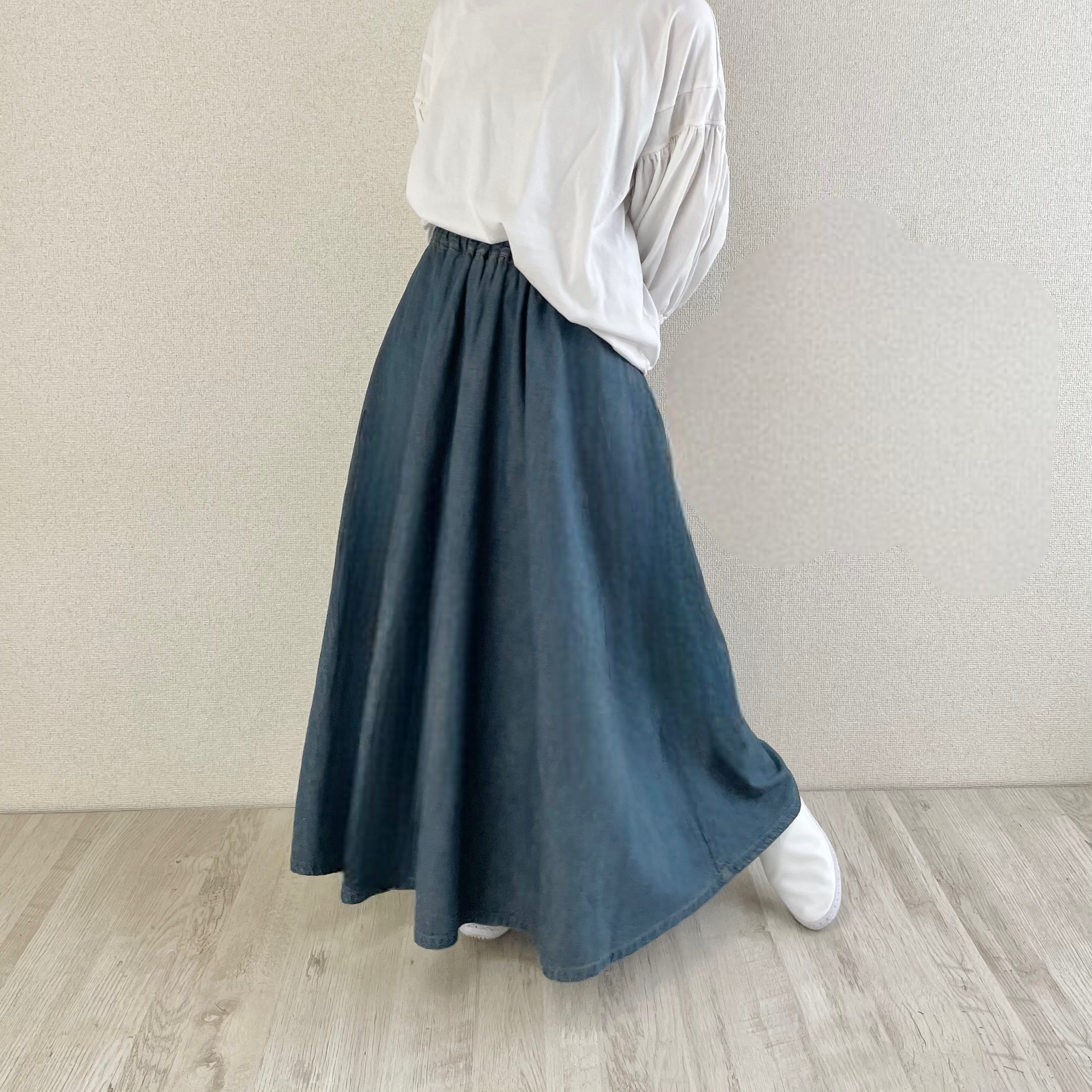 自分でゴムを結べる総ゴムフレアマキシスカート アンティーク・インディゴ S〜LL