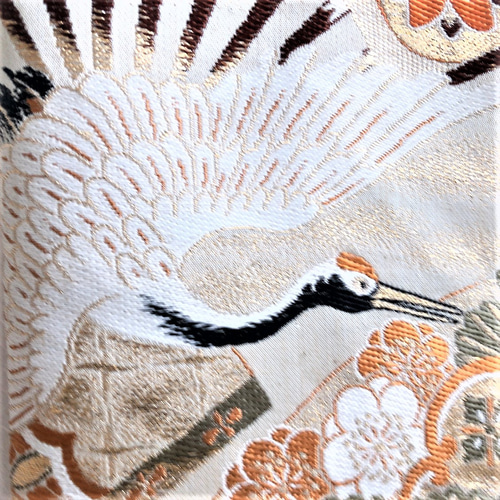 アンティーク鶴柄の帯からトートバッグ／パーティーバッグ／ブラウン系