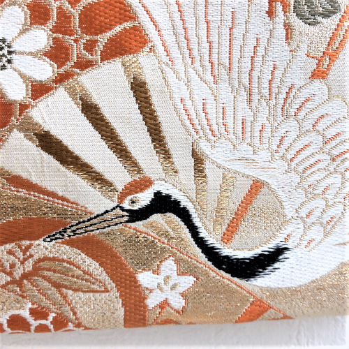 アンティーク鶴柄の帯からトートバッグ／パーティーバッグ／ブラウン系