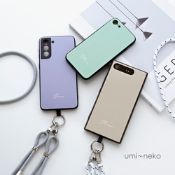 多機種対応 スマホケース ガラス HMストラップ付 【 くすみカラー 名入れ 】 スマホショルダー JI78U 1枚目の画像