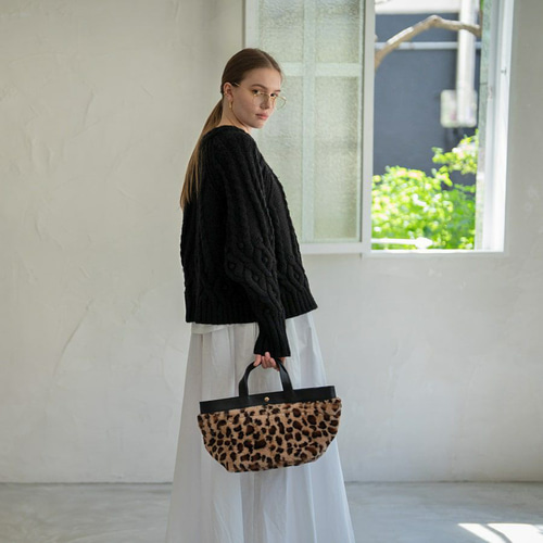 レオパード柄 エコファー 本革 トートバッグ ブルー 底マチ 舟形 HAYNI