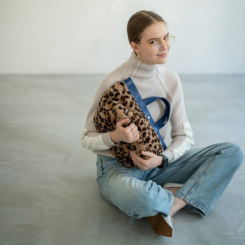 レオパード柄 エコファー 本革 トートバッグ ブラック 底マチ 舟形