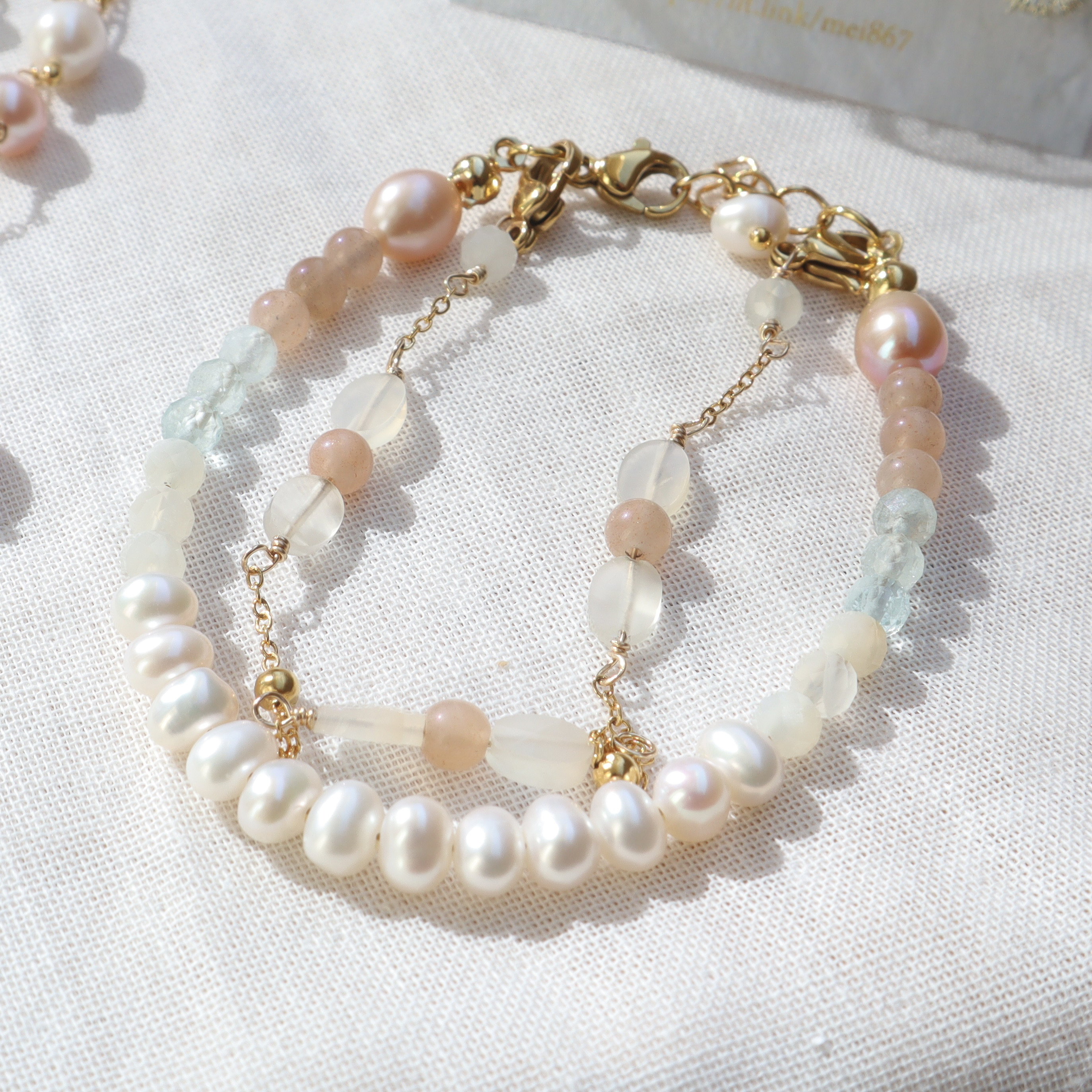3way淡水パールとムーンストーンの2連ブレスレット　6月誕生石　蟹座　星座　誕生日　母の日　クリスマスプレゼント