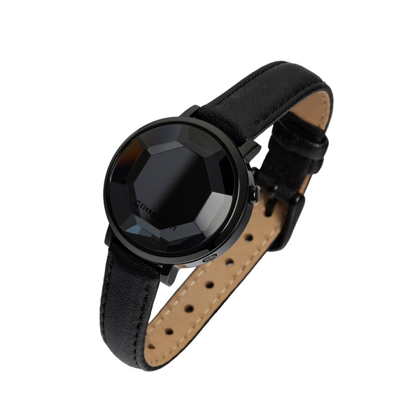 FACETコレクション - LED 黒色ステンレス鋼ブラックレザーバンド腕時計 1枚目の画像