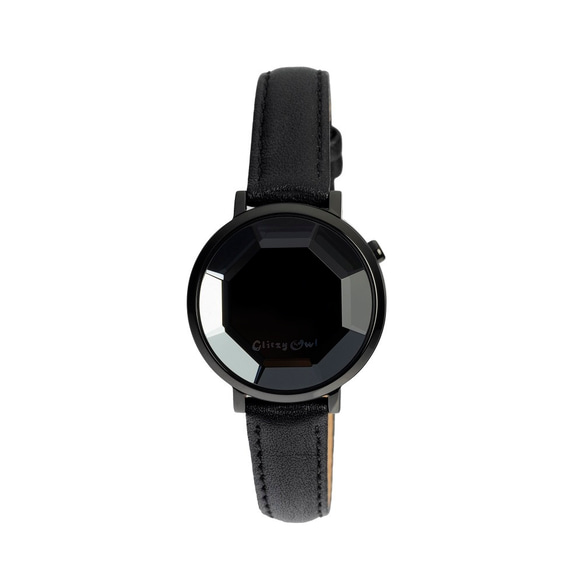 FACETコレクション - LED 黒色ステンレス鋼ブラックレザーバンド腕時計 2枚目の画像