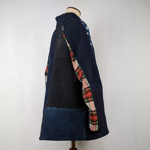 古布リメイク刺し子フードなしパーカー パーカー 布袋（きんちゃく 