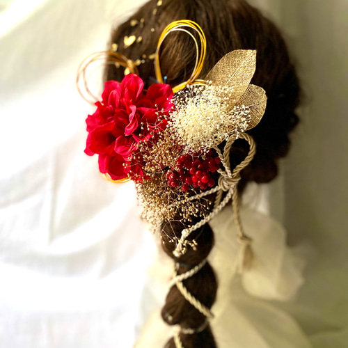 金箔＆水引付き ダリアの髪飾り 赤 ／成人式 結婚式 和装 前撮り