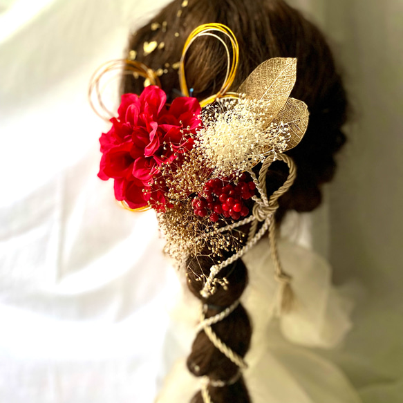 金箔＆水引付き　ダリアの髪飾り　赤　／成人式　結婚式　　和装　前撮り　卒業式　振袖　袴　 2枚目の画像