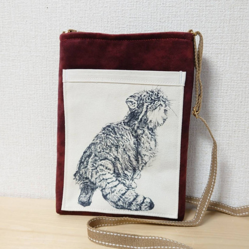 見上げるマヌルネコの後ろ姿 ショルダーバック 革調フェルト