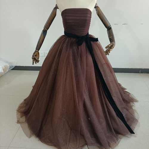 ブラウンカラードレス キラキラチュール ベアトップ 挙式 結婚式  