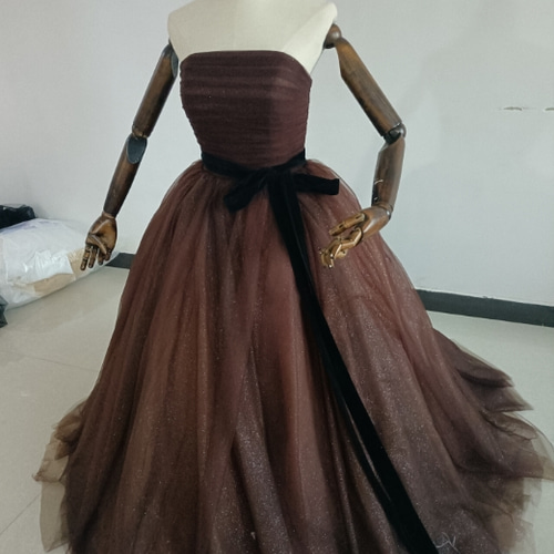 ブラウンカラードレス キラキラチュール ベアトップ 挙式 結婚式  