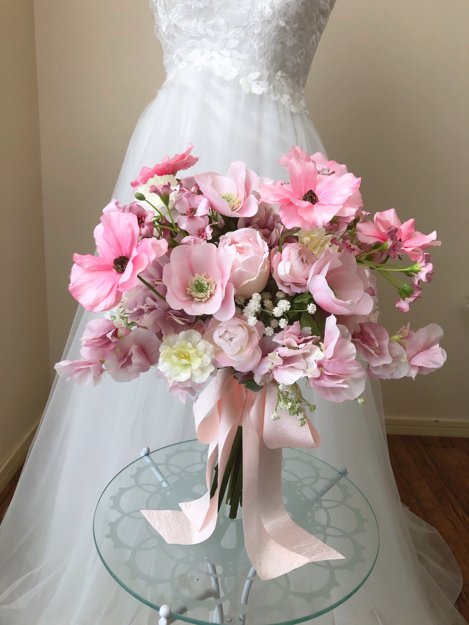 ふわゆれピンクのウェディングブーケ ブートニア2点セット ブーケ  