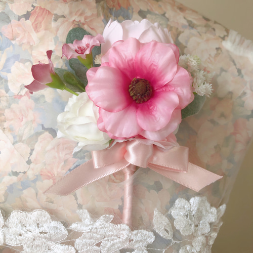 ふわゆれピンクのウェディングブーケ ブートニア2点セット ブーケ  